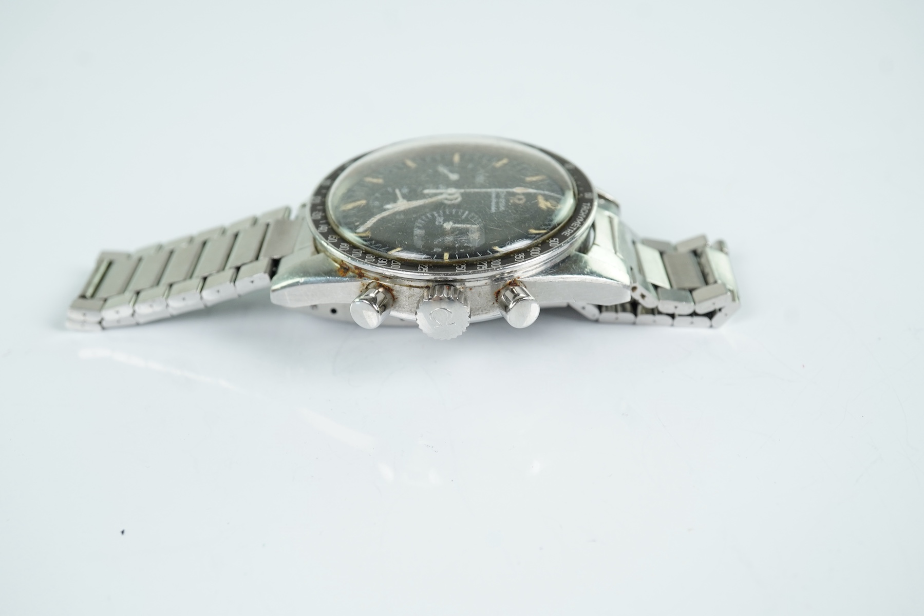 A gentleman's early 1967 stainless steel Omega Speedmaster 'Ed White' pre moon chronograph manual wind wrist watch